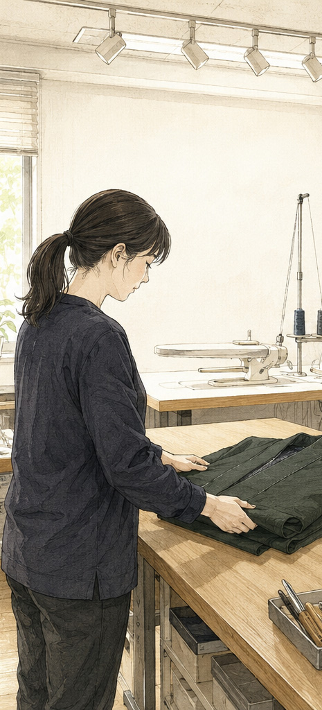 縫製工房で退勤準備をする女性スタッフ