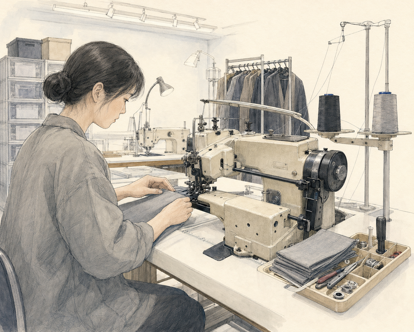 縫製工房でミシン作業をする女性