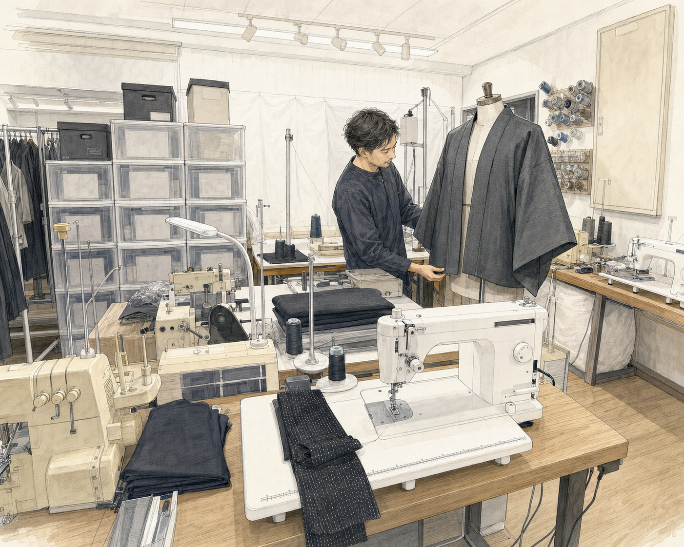 縫製工房で仕立てた着物を確認する職人