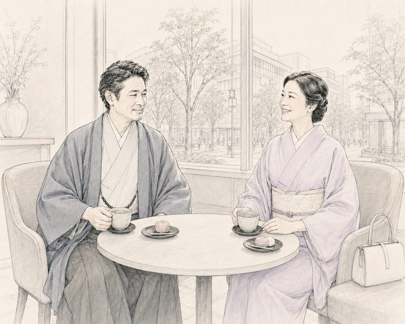 和装で語らう男女のイメージ